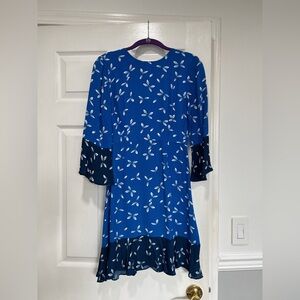 Whistles Blue and White Leaf Print Long Sleeve Dress
